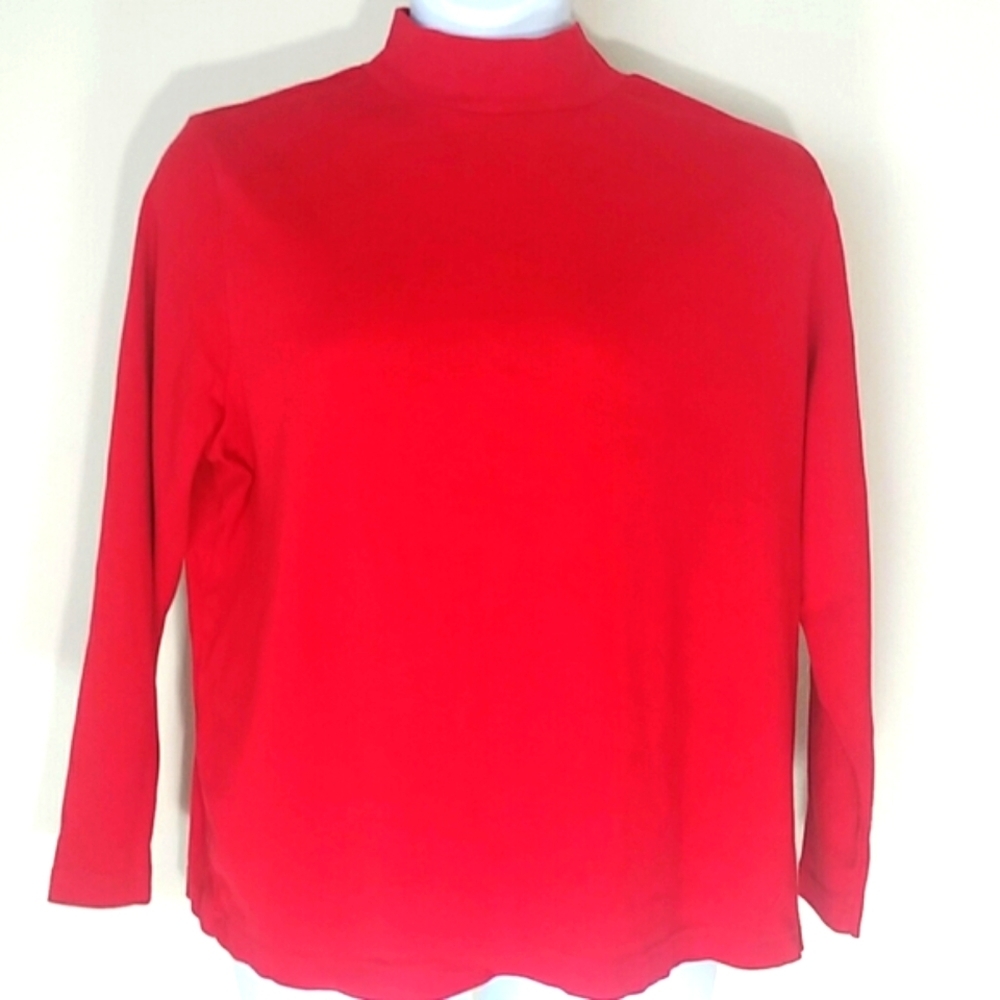 Top t-shirt mock turtleneck red long sleeve stretch Kim Rogers 100% Cotton EUC